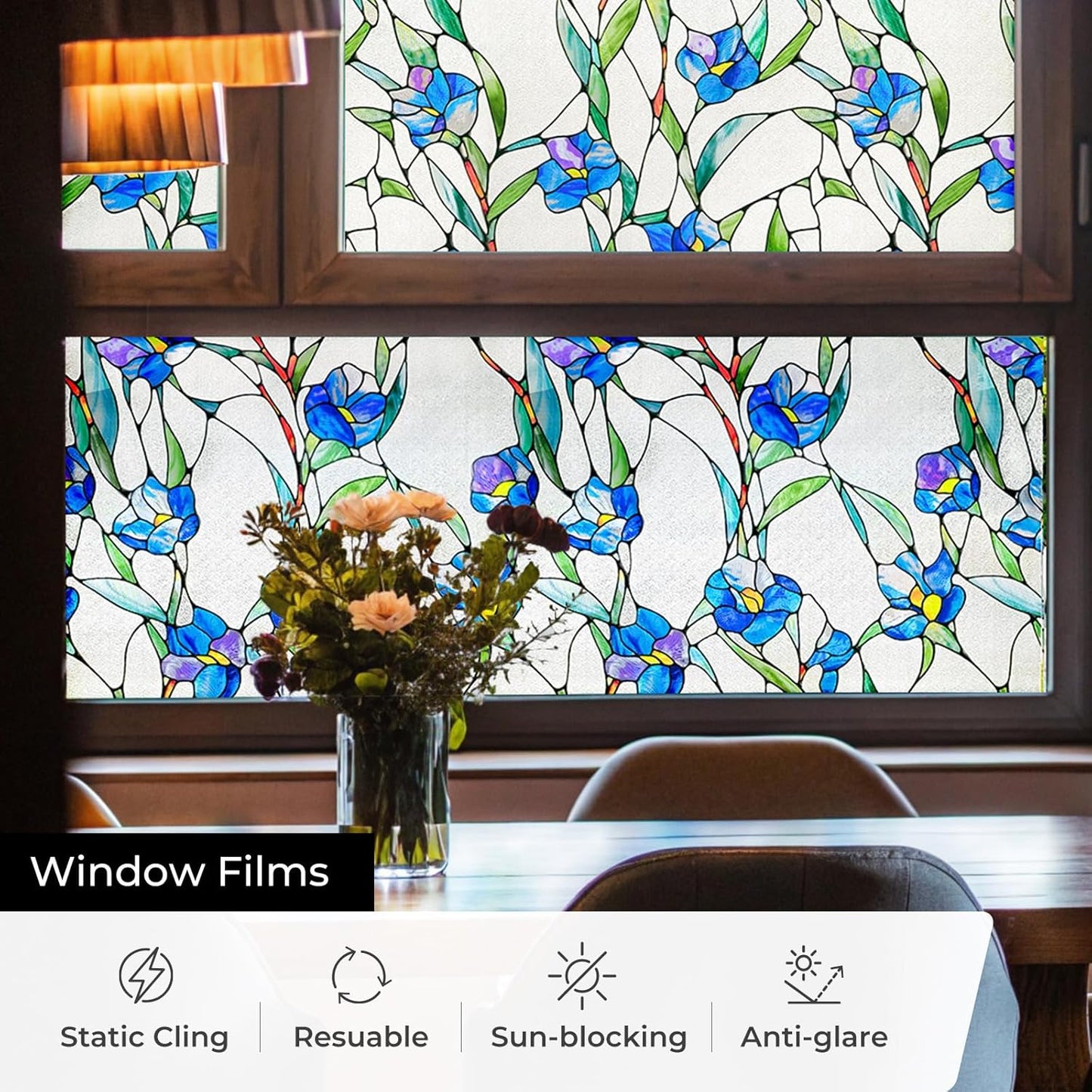 3D Stained Glass Window Film, Decorative Window Privacy Film for Bathroom,Front Door,Home, Sun Blocking Heat Control,Static Cling, Blue Eustoma 23.6inch x 35.4inch