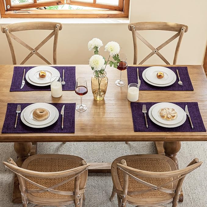 Blue Forest Placemats Set of 6, Dual-Layered Thickened Faux Linen Cloth Place Mats Heat Resistant Machine Washable Wrinkle Free Table Mats Indoor/Outdoor (Purple)