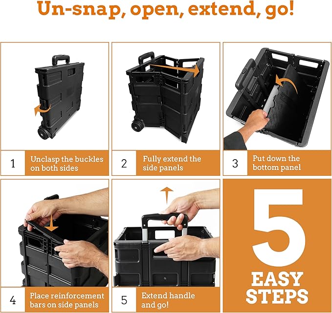 Inspired Living Collapsible Ultra-Slim Pack-N-Roll, 2 Wheel Utility Cart , With Telescopic Handle - Super Strong up to 80 Lbs Load Capacity, Black
