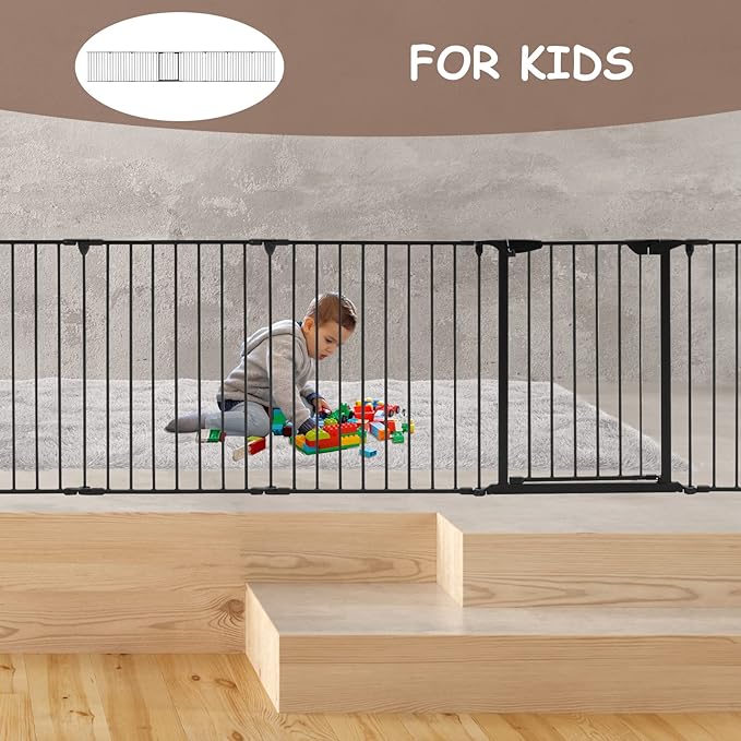 AUXSOUL 196" Extra Wide Baby Gate Metal Safety Playpen - Fireplace Fence for Toddler/Pet/Dog, Max Length 196", 8-Panel (30" H, Black)