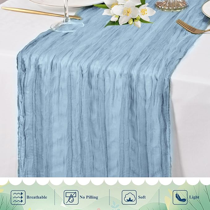 8 Packs Cheesecloth Table Runner 10FT Long Boho Gauze Fabric Table Runner Vintage Rustic Sheer Runners for Wedding Party Bridal Baby Shower Table Decorations (Dusty Blue)