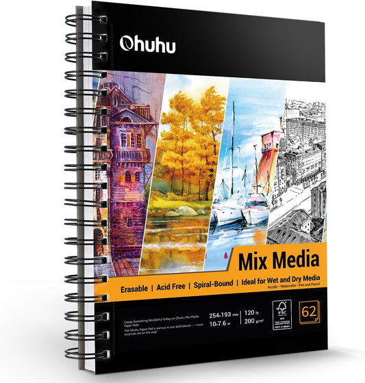 Ohuhu Mix Media Pad, 10"x7.6" Mixed Media Art Sketchbook, 120 lb/200 gsm Heavyweight Papers, 62 Sheets/124 Pages, Spiral Bound Mixed Media Paper Pad for Acrylic, Painting Christmas Gift