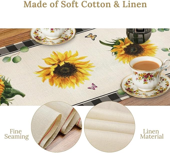 Sunflower Table Runner, Buffalo Floral Seasons Spring Summer Fall Table Runner for Kitchen Dining Farmhouse Home Party Outdoor 13x90in