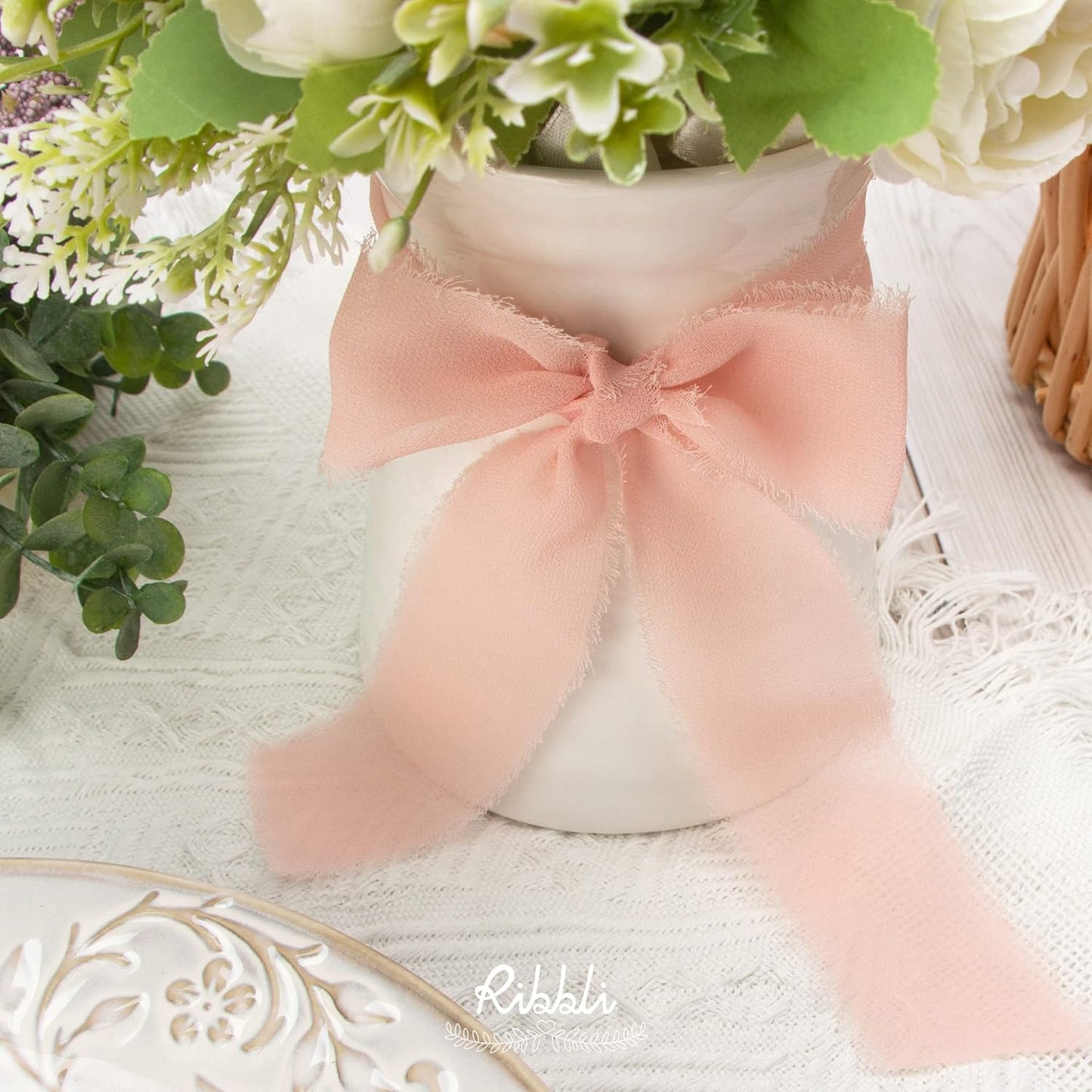 Ribbli Chiffon Silk Ribbon, 1.5 inch x 30 Yard, Champagne/Blush Pink/Dusty Rose Fringe Chiffon Ribbon for Wedding Invitations, Bridal Bouquets Wrapping, Flower Arrangement Decoration
