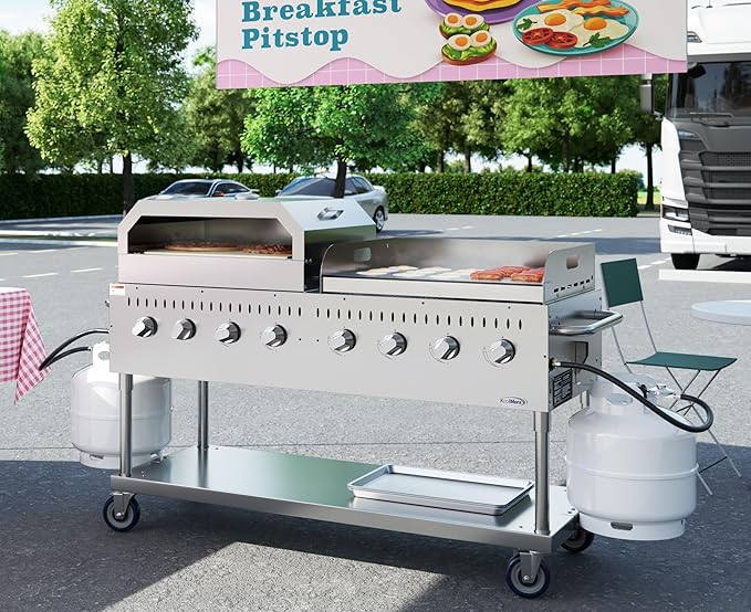 KoolMore 60 in. 8-Burner Commercial Outdoor Propane Gas BBQ Grill with 30 in. Griddle and 30 in. Pizza Oven in Stainless-Steel, ETL Listed (CGKIT6-G30P30)