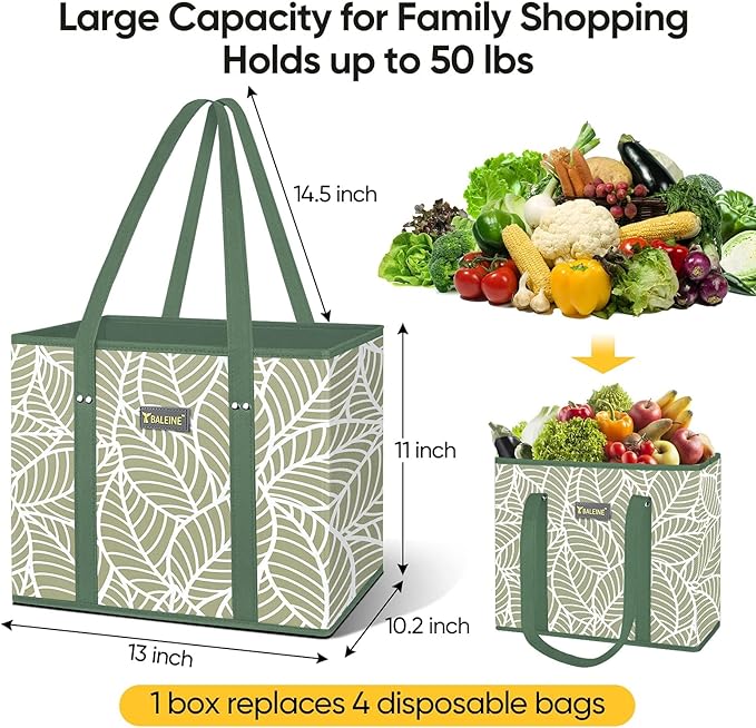 BALEINE 3Pk Reusable Grocery Bags, Foldable Shopping Bags for Groceries with Reinforced Bottom & Handles (Antique Foliage) | 3Pk, for Groceries, & Handles