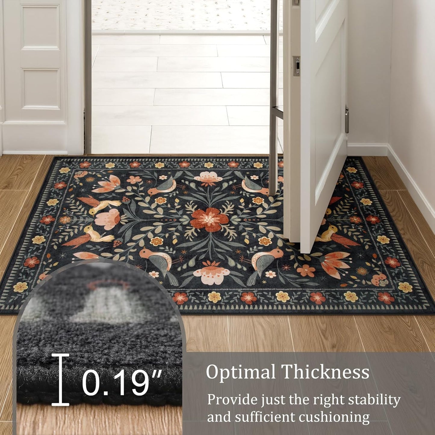 Morebes Washable 8x10 Area Rugs for Living Room Non Slip, Boho Botanical Soft Birds Bug Moody Rugs for Bedroom, Ultra-Thin Floral Flower Throw Carpet for Classroom Home Office Dorm Room, Black/Multi