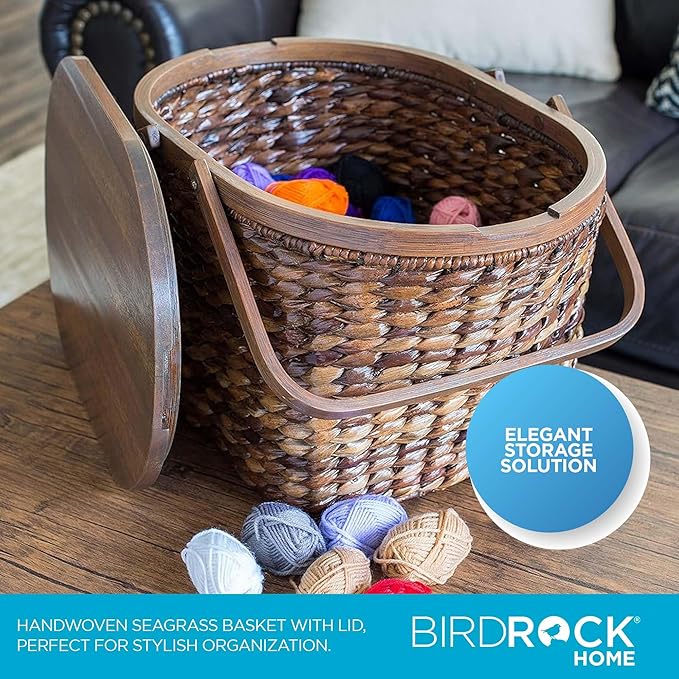 BirdRock Home Seagrass and Abaca Picnic Basket with Wood Lid | Hand Woven | Espresso | Decorative Latch | Wooden Top | Home Décor | Folding Handles