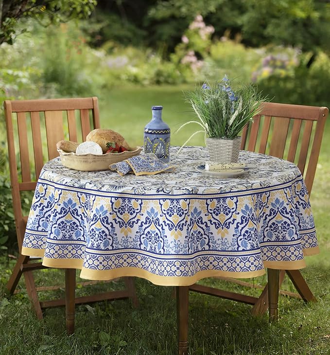 Home Bargains Plus Oval Fabric Tablecloth, 60 x 84 Inch, Allure Yellow and Blue Floral Bordered Print, Indoor Outdoor Stain and Water Resistant Table Cloth, Provence French Country