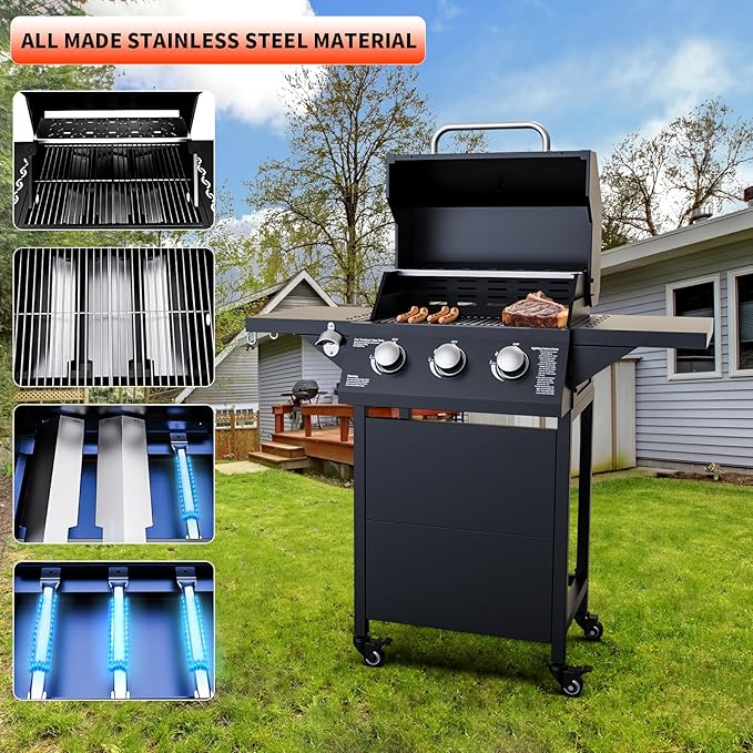 3 Burner Propane Gas Grill, 30000 BTU Outdoor Gas BBQ Grill Cooking with Two Table, Stainless Steel Cooking Grids, Built-in Thermometer, Easy-Clean Grease, for Backyard, Camping