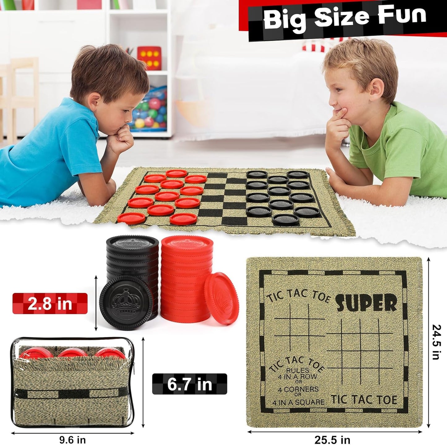 Giant Checkers Game Set - 3-in-1 Reversible Carpet for Kids & Adults - Oversized Indoor/Outdoor Mat for Family Fun & Parties