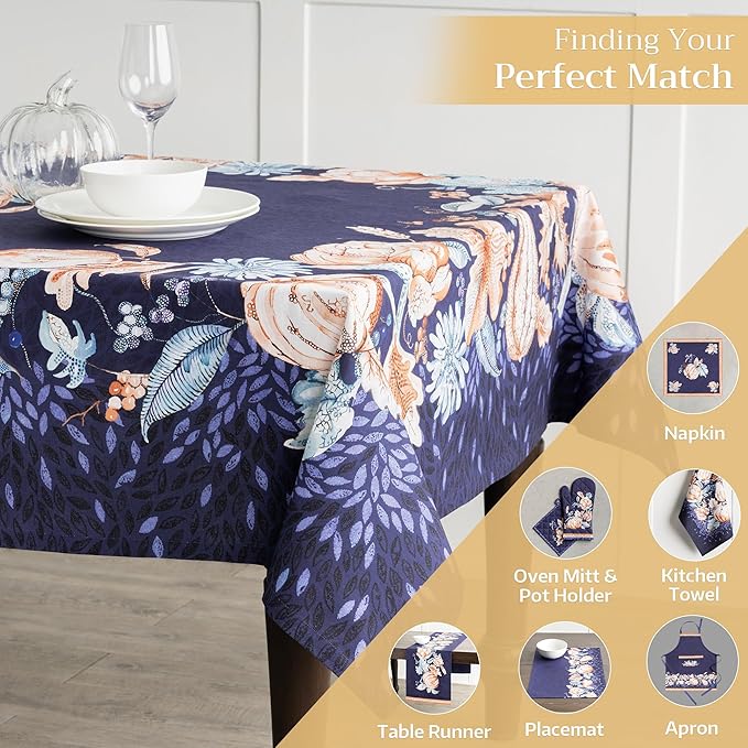Maison d' Hermine Table Cloth Rectangle Table 100% Cotton 54 x 72 Inches Fall Tablecloth Reusable Everyday Use for Thanksgiving Christmas Decorations Dining Farmhouse Party (Pumpkin Blues)