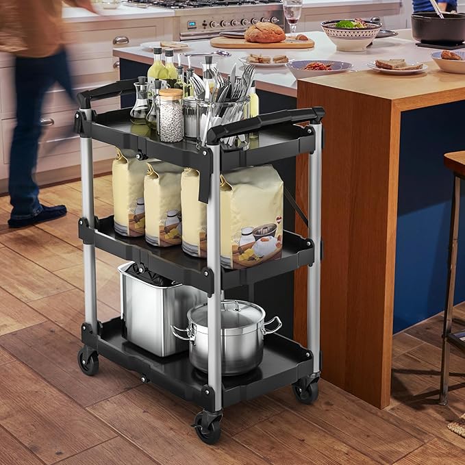 YITAHOME 240LBS Folding Utility Cart with Wheels, Foldable Utility Service Cart 3 Tier Collapsible Rolling Cart with 360°Swivel Wheels (2 with Brakes), Portable Cart for Home Garage Restaurant Office