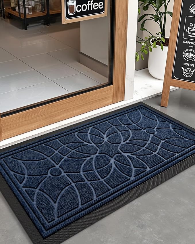 DEXI Front Door Mat Outside Entrance, Heavy Duty Non Slip Low Profile Doormat for Entryway, Trap Dirt and Moisture Welcome Mats, Easy Clean, Patio, Garage, 4x2, Blue