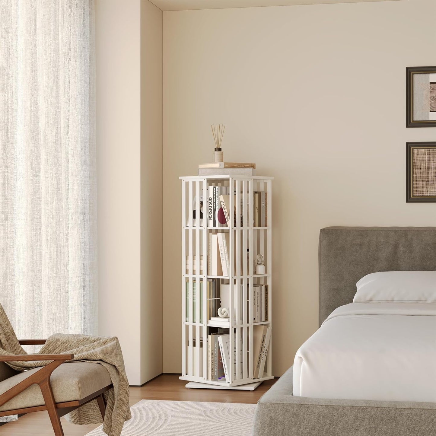 YOWOS Rotating Bookshelf Tower, 360 Display Spinning Bookcase, Bamboo Bookshelf Floor Standing Storage Rack, Wood Narrow Book Shelf Organizer for Kids&Adults (White, 4 Tier)