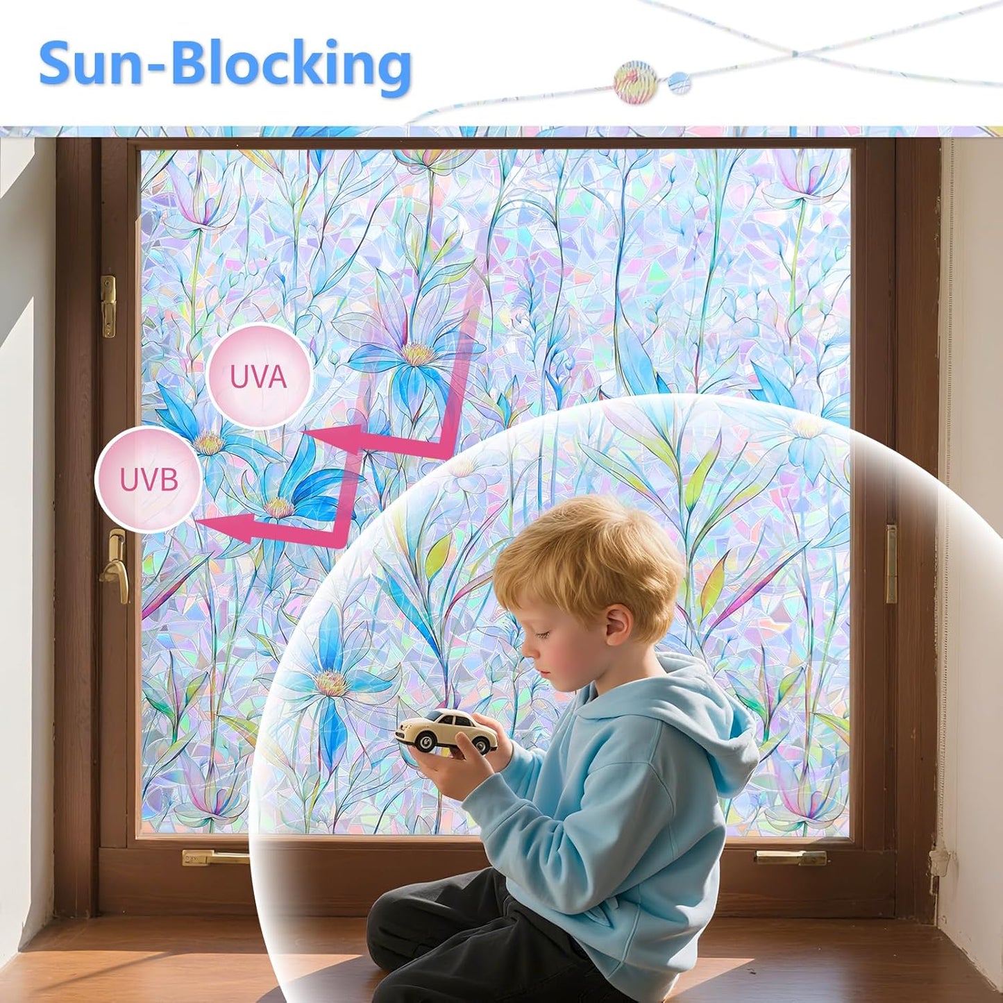 FINNEZ Window Privacy Film Stain Glass Film Flowers Rainbow Window Film Window Clings Non-Adhesive Reusable Decorative for Home（Blue Lotus，35.4 Inch x 13.1 Feet）