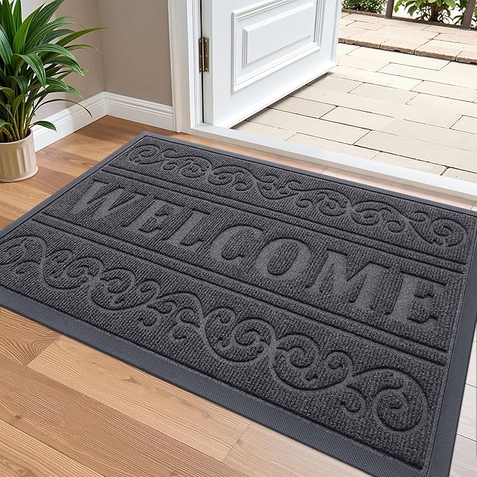 OLANLY Welcome Door Mat Indoor Outdoor Entrance, Heavy Duty Sturdy Front Door Mat, Waterproof All-Weather Doormat, Stain Resistant, Low Profile, Easy Clean Patio Entryway Mat, 36 x 24, Medium Grey