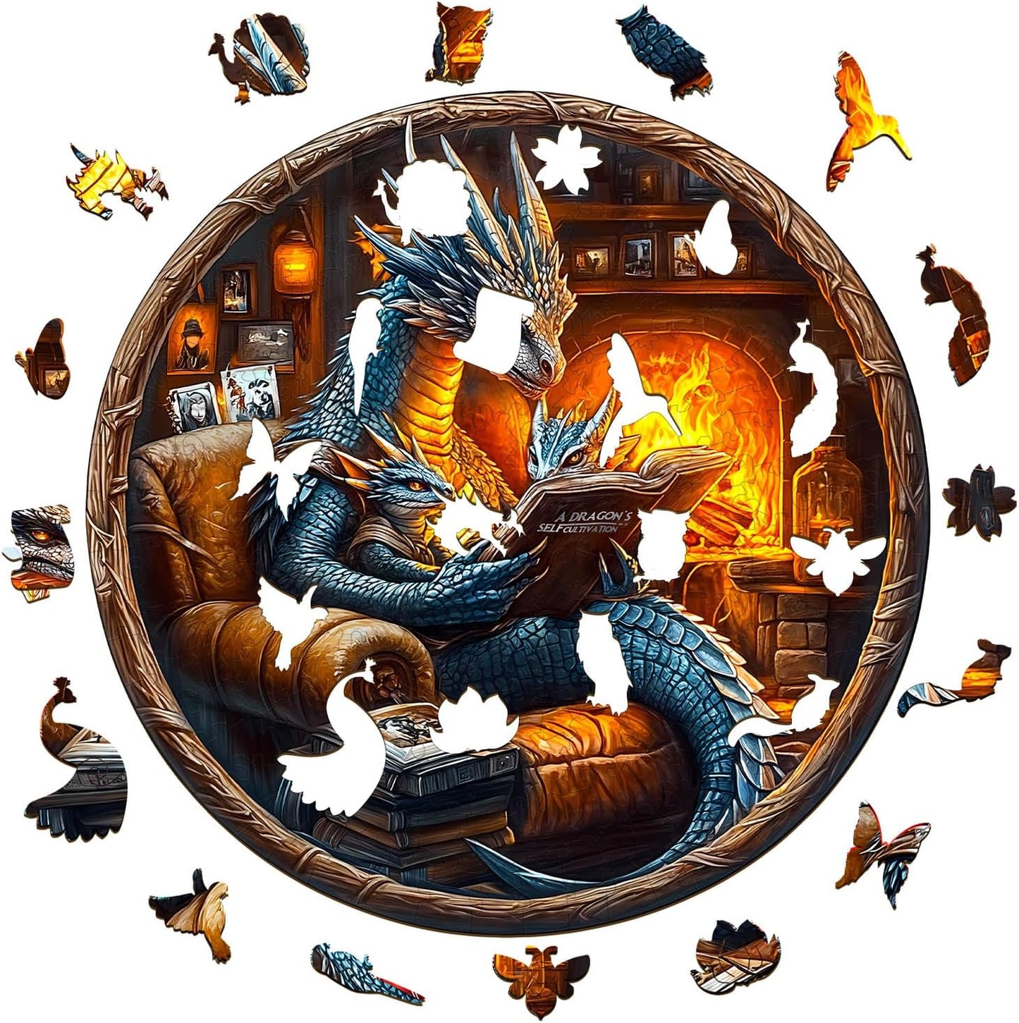 Wooden Puzzles for Adults, Dragon Family Night Reading Wooden Jigsaw Puzzle 450 PCS Unique Shape Wood Puzzle Adult, 3D Visual Effect Flat Puzzle Birthday Family Games (XL-17.3 * 17.3in)