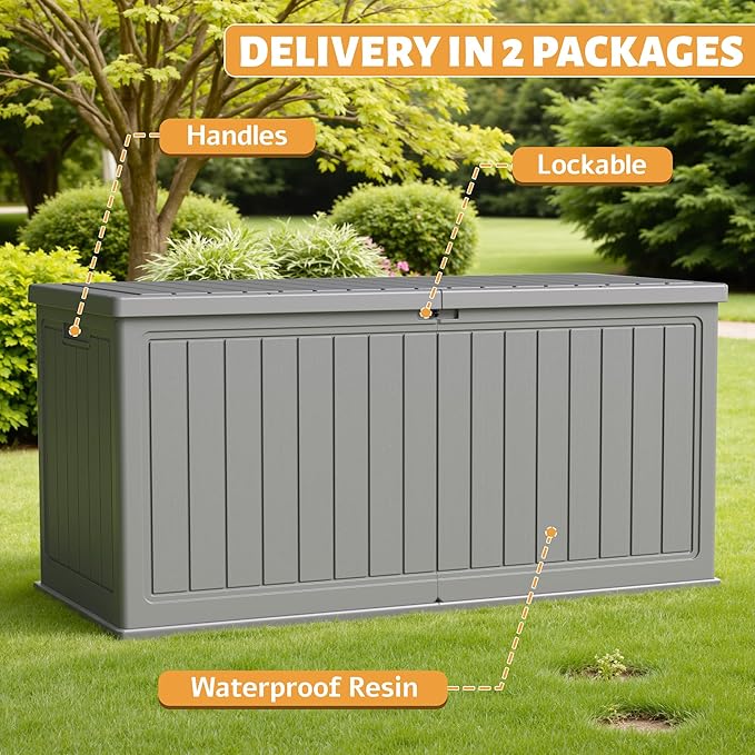 Flamaker Resin Deck Box 270 Gallon, Waterproof Imitation-Wood Lockable Storage Box with Separator Plate Outdoor Indoor, Garden, Patio Furniture for Tools&Pool Accessories (Gray)