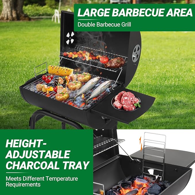 Outvita Barrel Charcoal Grill with Warming Rack, Outdoor BBQ Grill with Side Table with Nearly 268 Sq.In. Cooking Grid Area for Backyard Patio Picnic Parties Camping, Black