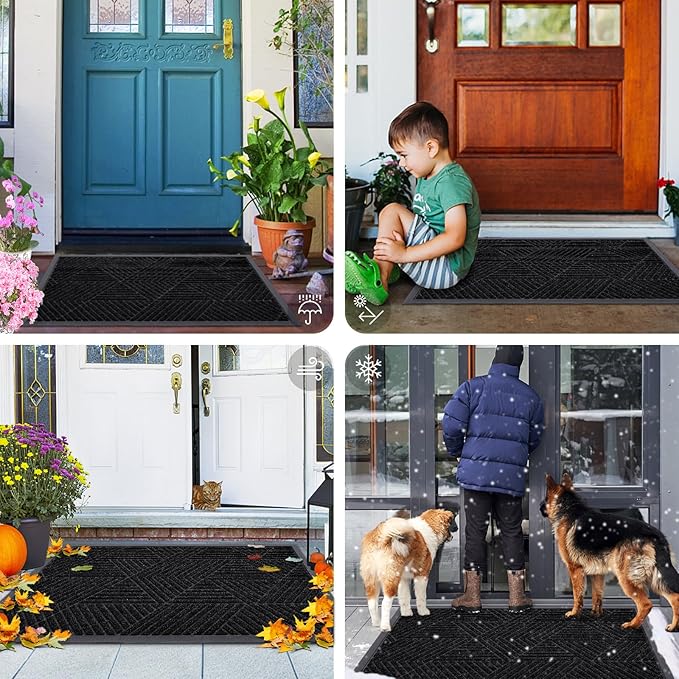Smiry Front Door Mat Outside Entrance, Heavy Duty Sturdy Natural Rubber Doormat, Trap Dirt and Moisture, Easy Clean Low Profile Mats for Indoor Outdoor Entry, Irregular Triangle (71x24, Black)