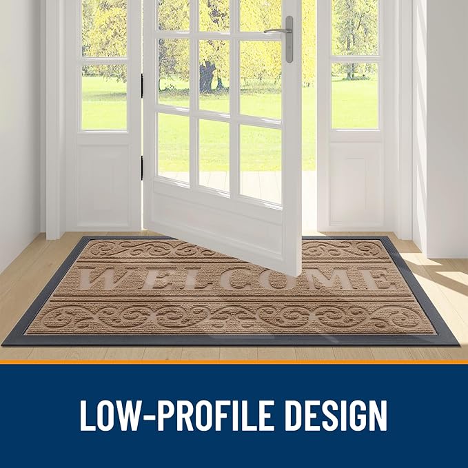 OLANLY Welcome Door Mat Indoor Outdoor Entrance, Heavy Duty Sturdy Front Door Mat, Waterproof All-Weather Doormat, Stain Resistant, Low Profile, Easy Clean Patio Entryway Mat, 36 x 24, Light Brown
