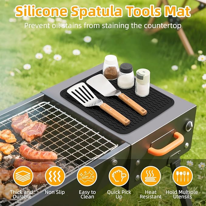 Grill Accessories, 14x11 Inch Silicone Heat Resistant Mat, BBQ Tool Rest Pad for Blackstone Griddle Side Shelf, Weber, Traeger, Outdoor Kitchen Countertop Protector (Black)