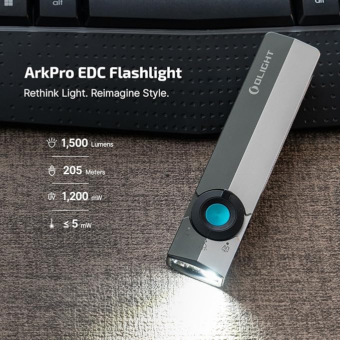 OLIGHT ArkPro EDC Flat Flashlight Rechargeable with Green Beam, UV and White LED, 1500 Lumens USB-C Pocket Camping Flashlight, Spotlight Floodlight for Outdoor Emergency (Dual Tone Silver Graphite CW)