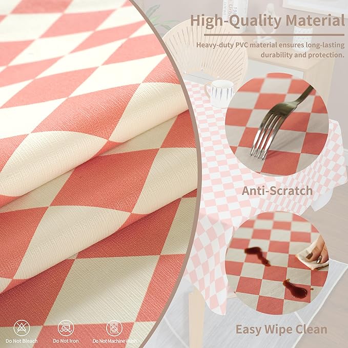 Rectangle Table Cloth,100% Waterproof Tablecloth Oil Proof Spill Proof Vinyl Table Cloth, Wipe Clean Plastic Table Cover for Dining, Camping, Indoor and Outdoor 52" x 70",Pink Checkered