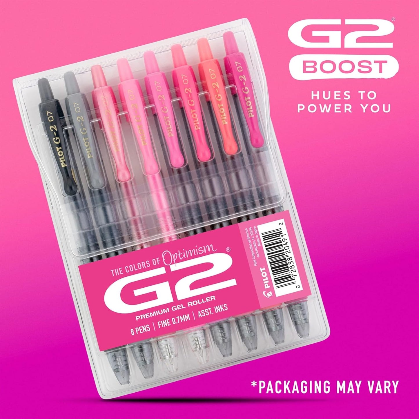 Pilot G2 Premium Gel Roller Pens, Fine Point Gel Pens, Boost Pink Pack, The Colors of Optimism, 8-Pack Pouch, 0.7 mm, Assorted - Ideal for School, Journaling, & Office Writing