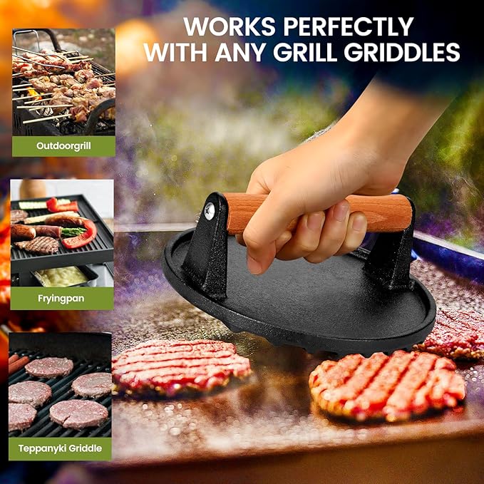 Blackstone Burger Press Set - 7" Round smash burger press & 8.3"x4.3" Rectangle Cast Iron Grill Press with Wooden Handle - Smasher is perfect for Blackstone Griddle, Pitboss Weber Griddle Grills