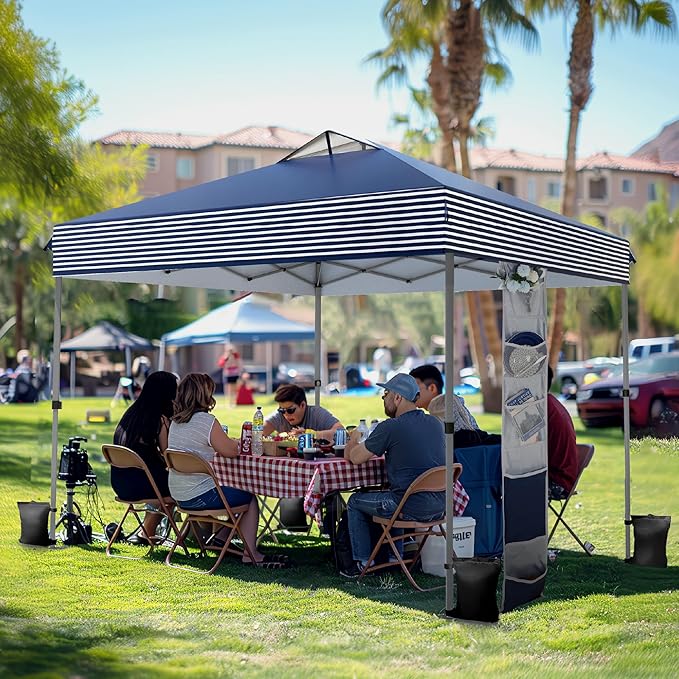 PHI VILLA 10x10 Pop Up Canopy Tent - One Push Setup, Instant Shade Tent with Vented Roof for Beach & Events - Includes Storage Bag, Sandbags, Stakes & Ropes (Navy Stripe)