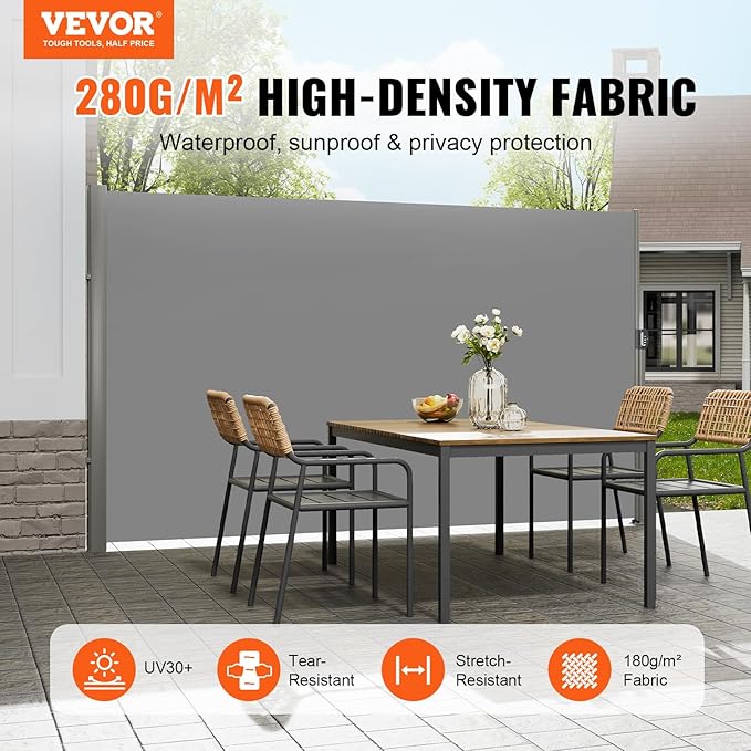 VEVOR Retractable Side Awning, UV 50 63''x 118'' Full Aluminum Rust-Proof Outdoor Privacy Screen, 280 g Thicken Folding Room Divider Wind Screen, for Patio Sun Shade, Backyard, Balcony, Gray