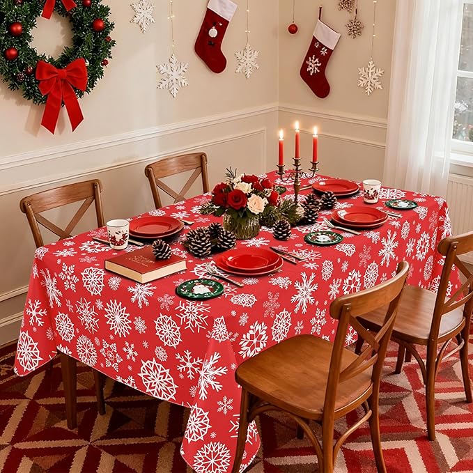 misaya Rectangle Waterproof Vinyl Table Cloth, Wipeable Tablecloth with Flannel Backing, Plastic Table Cover for Dinner, Christmas Party (Red Snowflake, 60" x 84")