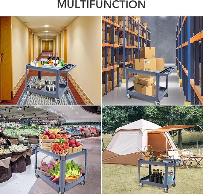 Utility Service Cart with Wheels and Two Trays, Service Cart 2-Shelf 500lbs, Rolling Utility Cart for Warehouse/Garage/Cleaning/Manufacturing, 2 Tier Heavy Duty Uline Tool Cart, 45"X25", Gray