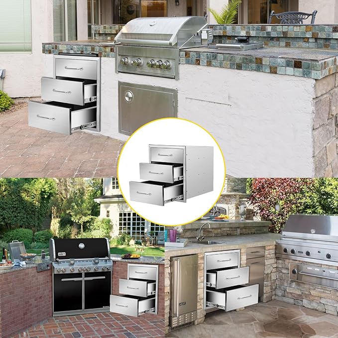 Outdoor Kitchen Drawers 18" W x 21" H x 21" D Flush Mount Triple BBQ Drawers with Chrome Handle Stainless Steel Drawer for Outdoor Kitchen Island, Patio Grill Station