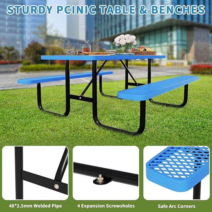 6FT Rectangular Metal Picnic Table for Outdoors, Commercial Steel Metal Picnic Tables, Heavy Duty Sturdy Picnic Tables Furniture Set for Patio Garden Courtyard BBQ, with Umbrella Hole, Blue