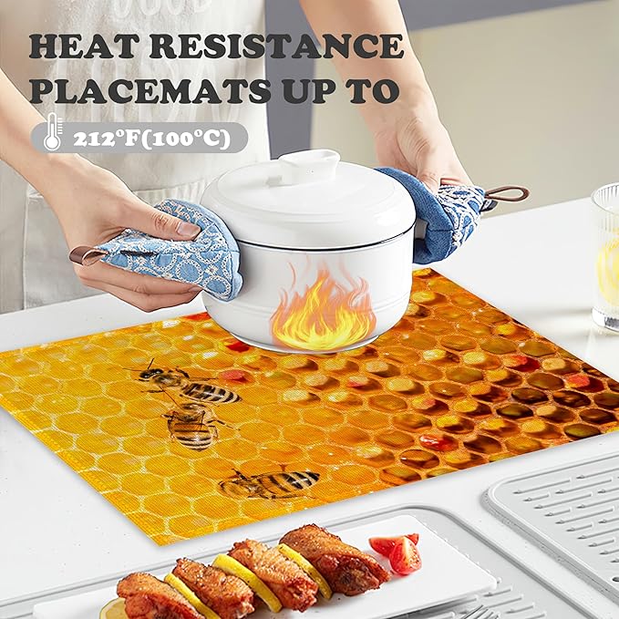 Honey Bee Placemats Set of 6 Linen Heat Resistant,Yellow Honeycomb Table Mats Washable Rustic Place Mats Decoration for Home Kitchen Dining Room Party 12x18 Inch