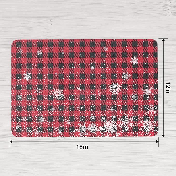 QIYI Christmas Placemats Set of 6, 12x18 Inch Faux Leather Place Mats for Kitchen Dinning, Heat Resistant Non Slip Winter Table Mats, Waterproof Wipeable Placemat Party Décor, Buffalo Plaid Snowflakes
