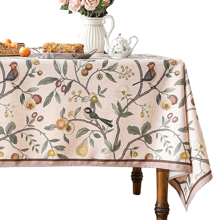 Linen Table Cloth Rectangle,Wrinkle Resistant French Pink Tablecloth Print with Froal,Decor Stitch Table Cloth for Thanksgiving,Dining Room,Home,Kitchen 67" × 118"-Dewey A