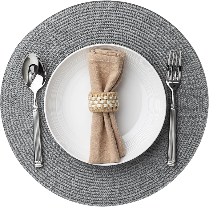 Round Placemats Set of 6 Plastic Woven Placemats Washable Wipeable Table Mats for Dining Table Heat Resistant Non-Slip Circle Place Mats (Gray)