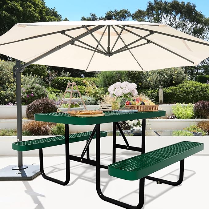 4FT Picnic Tables for Outdoors, Rectangular Commercial Metal Picnic Table Bench Set with Umbrella Hole,Heavy Duty Steel Weather-Resistant Dining Table for Patio Dining Garden Backyard BBQ School