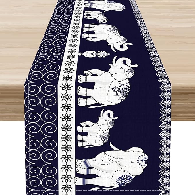 Boho Elephant Table Runner, Rustic African Tribal Traditional Diwali India Ethnic Folk Rustic Blue Coffee Table Center Decor for Home Kitchen Dining Holiday Party Outdoor Table Decorations, 13"x90"