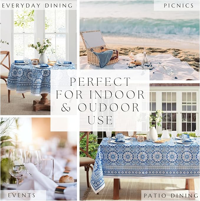 Elrene Home Fashions Vietri Medallion Blue Coastal Block Print Stain & Water Resistant Indoor/Outdoor Table or Console Runner, 13"x70"
