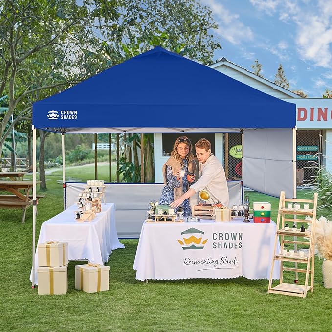 CROWN SHADES 10x10 Pop up Canopy Tent Instant Canopy with 150D Silver Coated Fabric Including 2 Half Sidewalls, 4 Ropes, 8 Stakes, 4 Weight Bags, STO 'N Go Bag, Navy Blue