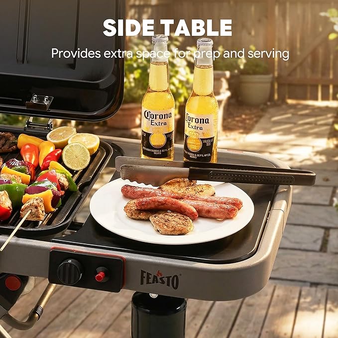 Portable Propane Gas Grill with Folding Cart & 13000 BTUs Burner, 360 Sq. In. Cast Iron Cooking Grates, Side Table, 8" Wheels, Stainless Grease Tray for Outdoor BBQ, Camping & Tailgating, Black
