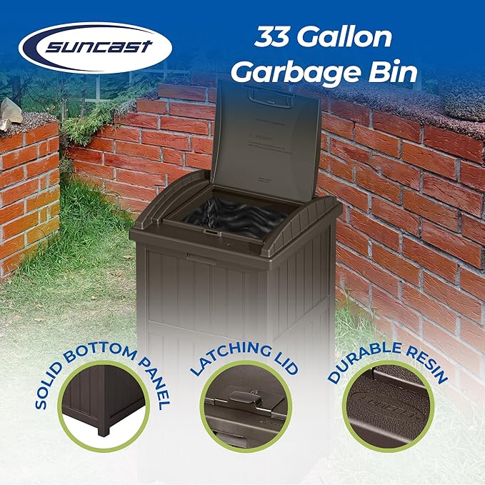 Suncast 5 Pack 33 Gallon Durable Plastic Hideaway Outdoor Garbage Can with Secure Lid & Wicker Design for Home Backyards, Decks, or Patios, Java Brown