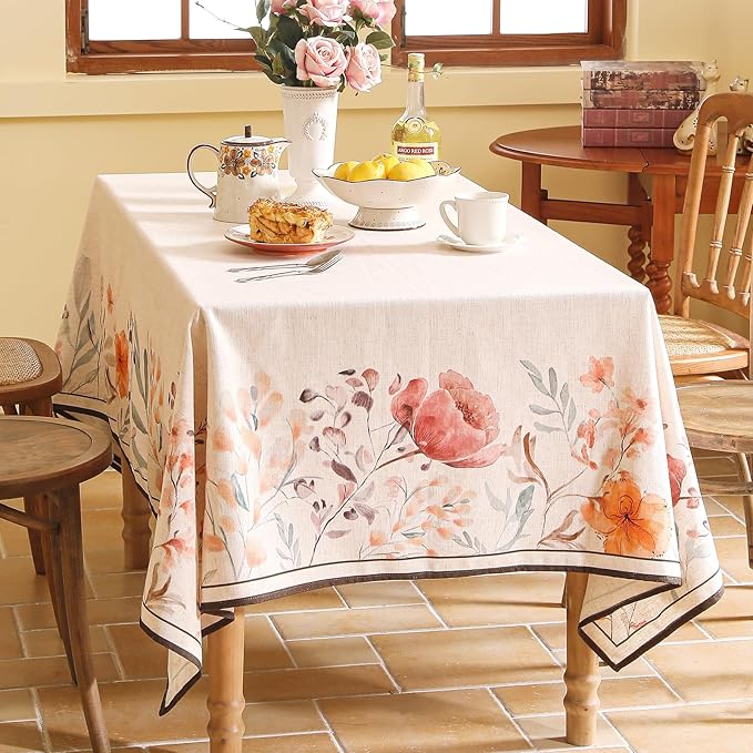 Linen Rectangle Tablecloth,French Vintage Pink Floral Pattern Wrinkle Free Table Cloth,Decorative Table Cover for Kitchen,Dining,Tea Party,Thanksgiving,Christmas,55"*79"-Sloosa