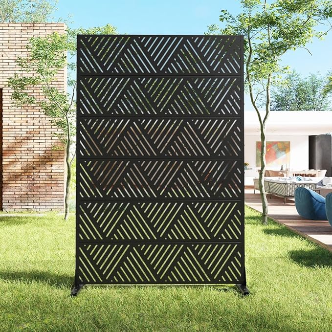 Casaphoria Metal Privacy Screen Outdoor, 72" H x 47" W Freestanding Decorative Privacy Screen for Patio Deck Balcony Garden with Stable Base, Triangular Black