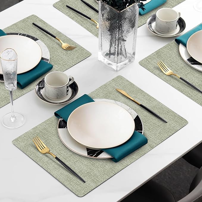 Faux Leather Heat Resistant Spring Placemats Set of 4 – Waterproof Oilproof Wipeable Dining PU Place Mat Easy Clean Table Mats for Kitchen/Dining/Party/Holiday, Grass Green